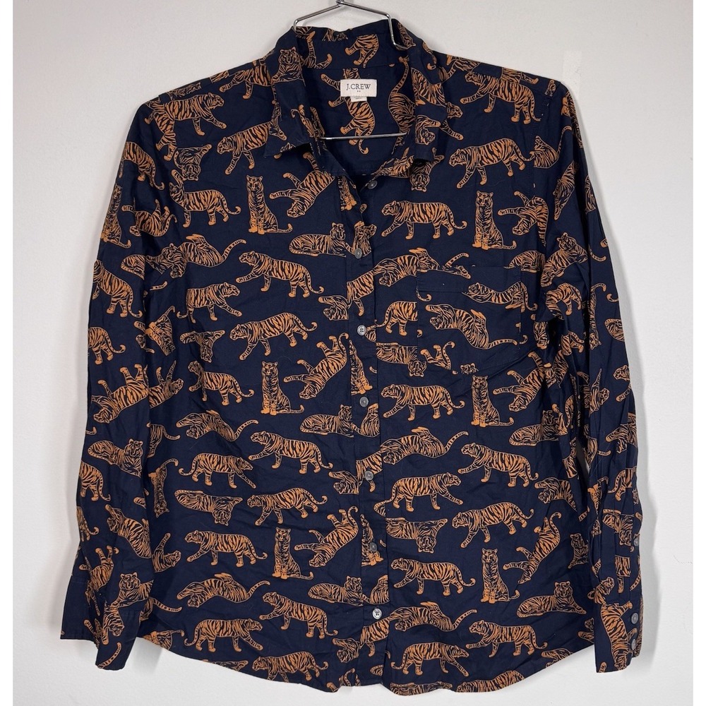 J Crew Signature Fit Stretch Poplin Long Sleeve Button Up Shirt Women's XL Tiger